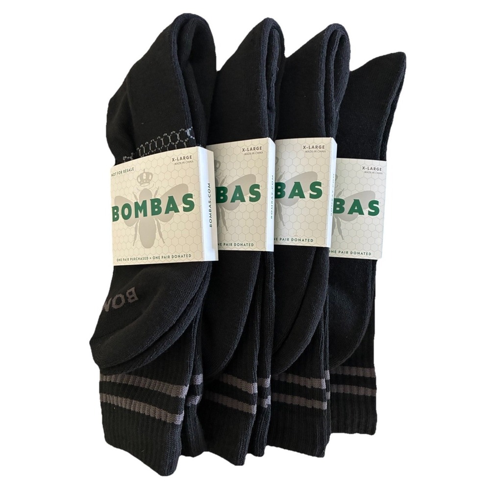 BOMBAS Socks Men's XL Black Gray Stripe‎ Calf Logo (US 13.5-16) NEW Lot Of 4